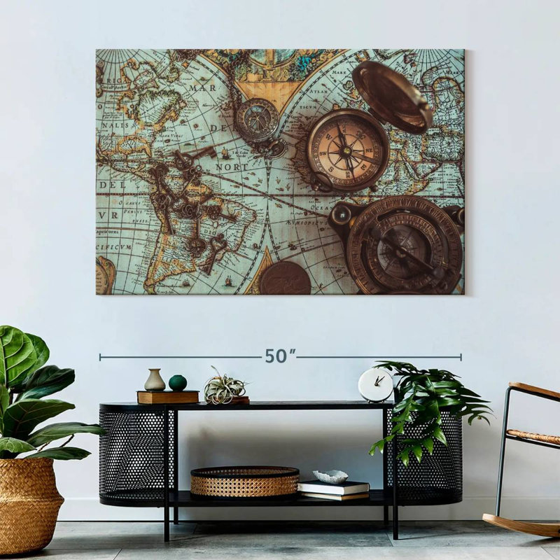 Carte de pirate antique sur toile, H 34 po x l 51 po x P 1,25 po