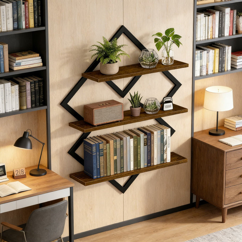 Geometric Floating Shelves Set - 3 Piece Wall Mounted Storage With Single & Double Tiers, Sturdy Wood And Metal Display For Home Decor, Living Room, Bathroom, And Space Saving Organization