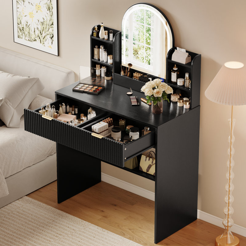30" Fluted Makeup Vanity Desk With LED-Lit Arched Mirror, 3 Color Lights, Small Dressing Table With Drawers And Open Shelves, Black