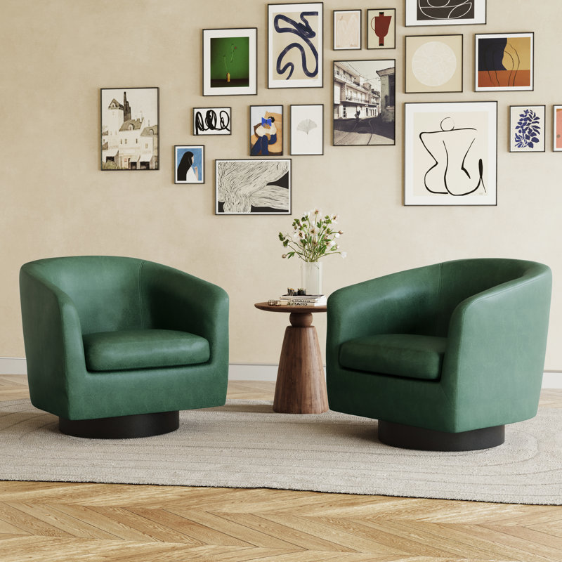 Applewold Upholstered Green Faux Leather Swivel Barrel Chair with Solid Wood Base, Green