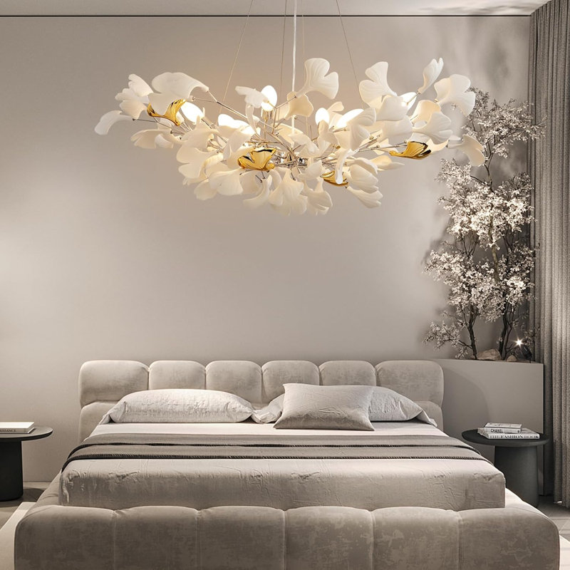 Ceramic Ginkgo Leaf Kholton 8 - Light L40 Inch Chandelier, Silver