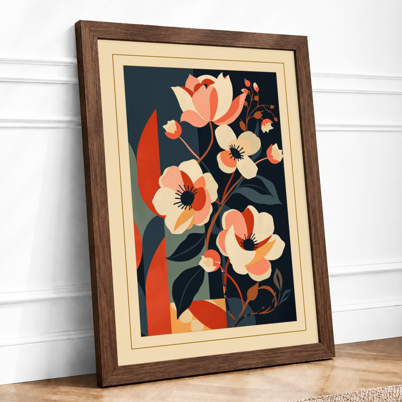 Peachy Blooms on Navy Botanical - Framed Print, A1 - 84.1 x 59.4 cm, Walnut