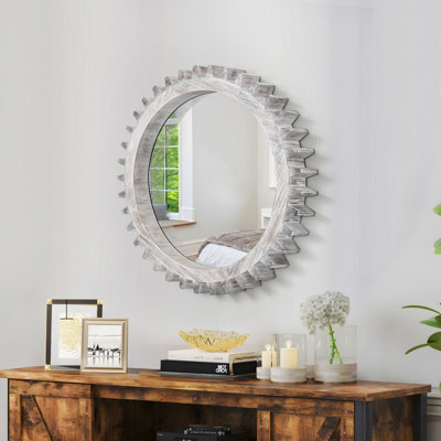 Miroir d'appoint vintage en forme d'engrenage en bois, blanc antique