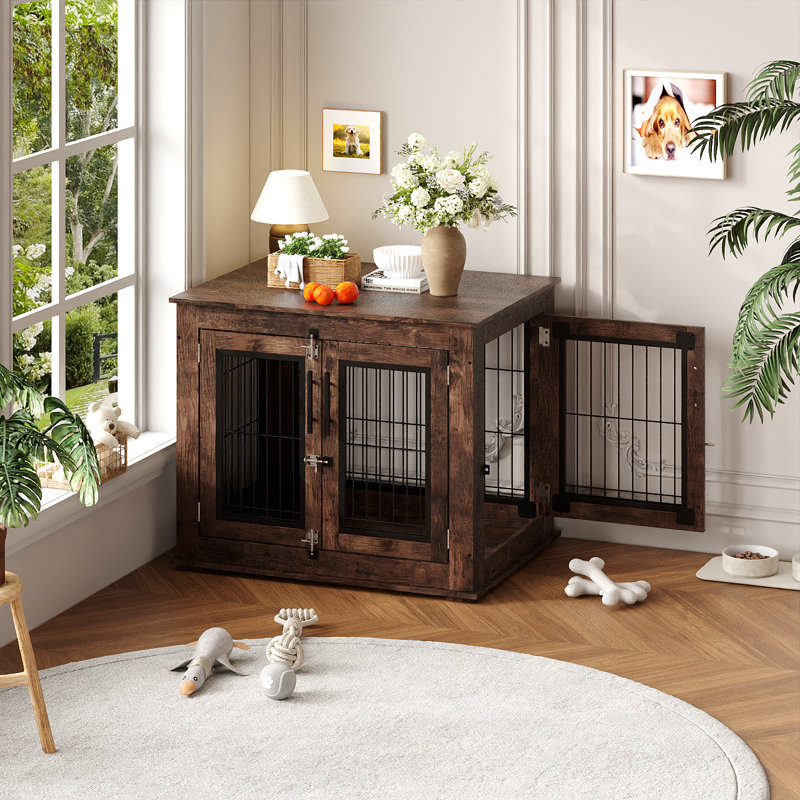 Cage pour chien en bois résistant aux morsures, avec double porte et couvercle ouvrant - Table d'appoint pour niche intérieure pour chiens de petite et moyenne taille - Cage verrouillable, facile à nettoyer, sécuritaire, brun rustique