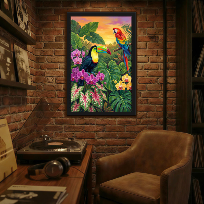 Animaux, oiseaux tropicaux et fleurs, H 36 po x l 24 po