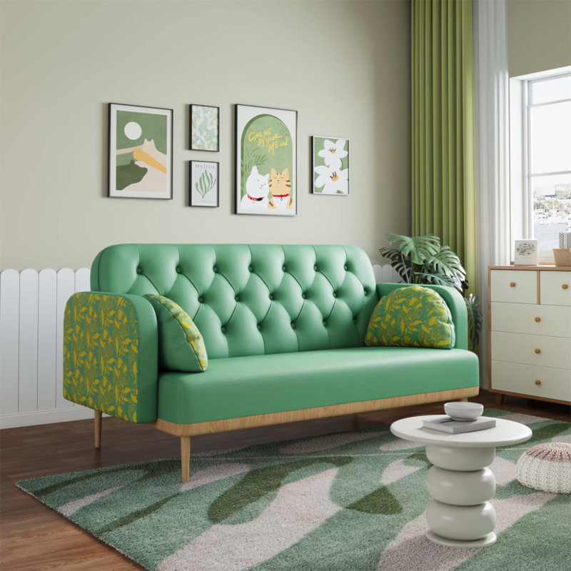 Canapé moderne rembourré en polyuréthane à deux places avec motif tulipe et coussins décoratifs en forme de boulette, parfait pour les salons contemporains