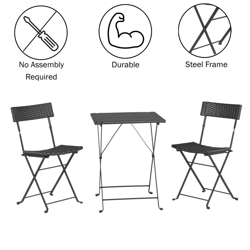 Folding Patio Bistro Set ' 3-Piece Rattan and Steel Cafe Table and Chairs for Porch Deck