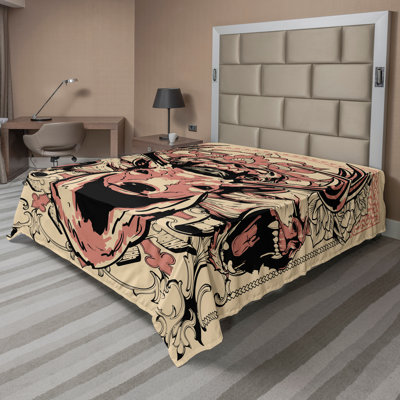Ambesonne Antler Top Flat Sheet Floral Skull and Wolves Black Beige Pink