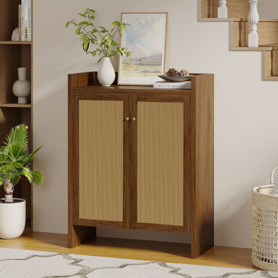 42,5 po de hauteur armoire à chaussures en rotin avec portes, armoire de rangement à 6 niveaux avec tablettes réglables, armoire à chaussures autoportante en bois