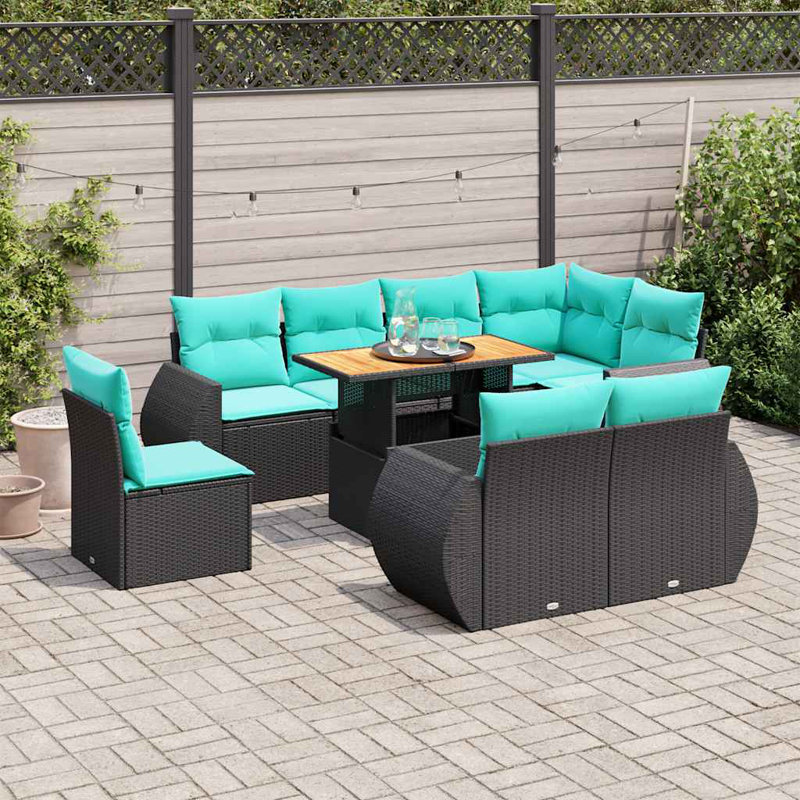  Ensemble de canapé de patio 9 pièces avec coussins en rotin de polyester noir