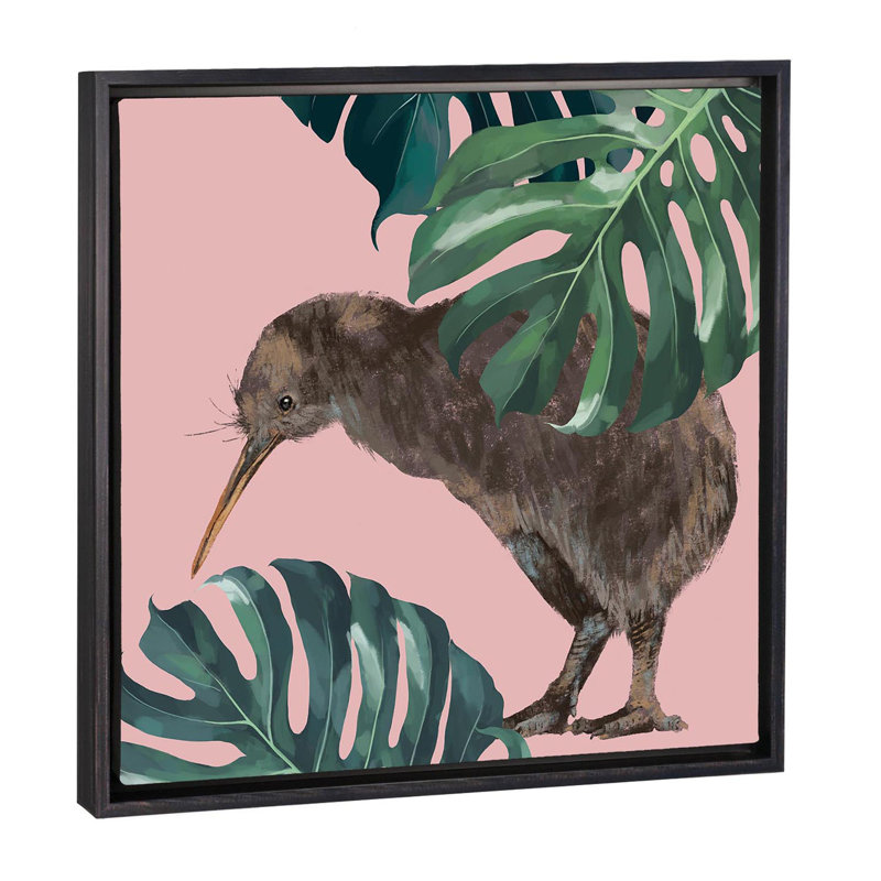 Kiwi oiseau avec monstera art, H 37 po x l 37 po x P 1,5 po, Toile avec cadre noir patiné