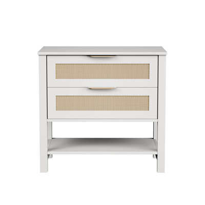 Rattan Nightstand with 2 Drawers and Storage Shelf Boho Bedside Narrow Side Table for Bedroom