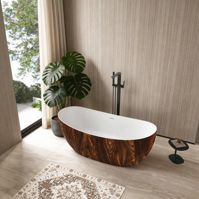 Baignoire de trempage autoportante à surface solide de 67 po avec texture bois et design ergonomique
