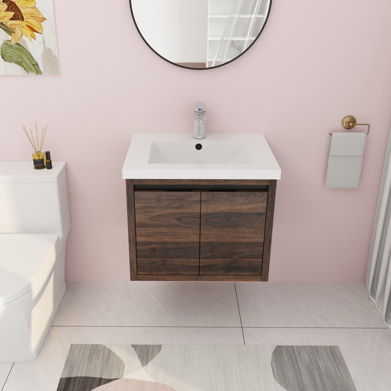 Meuble-lavabo mural simple 23,66 po avec plateau en résine Rabbie, Brun