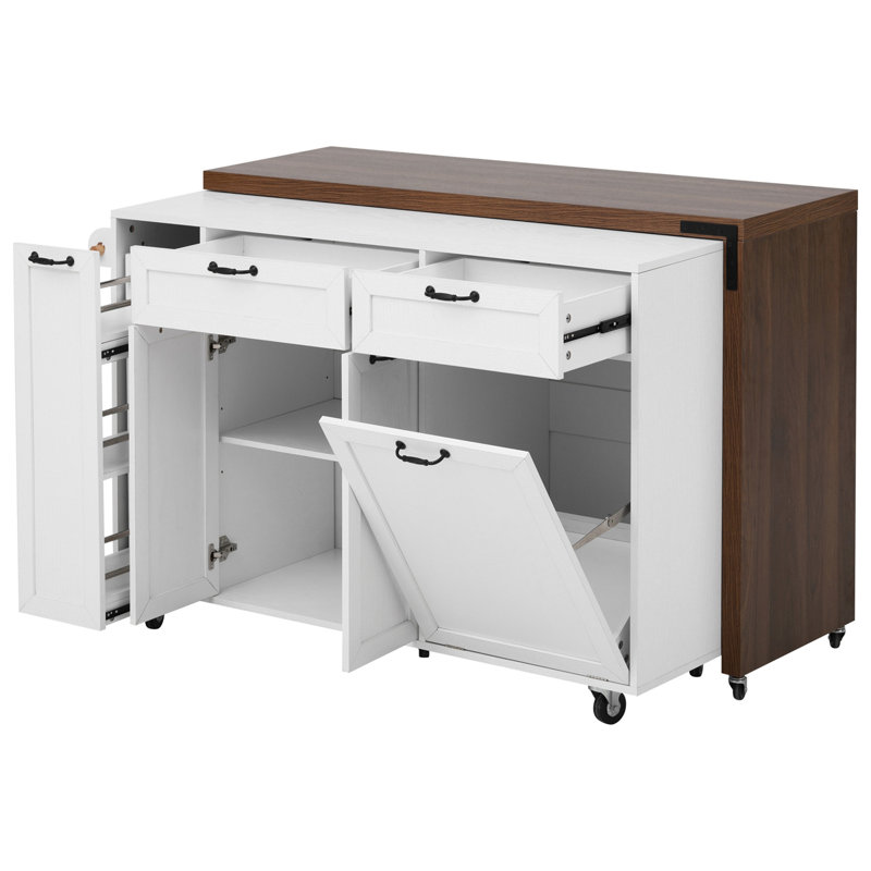 102.3" Kitchen Island with Extendable Dining Table, Kitchen Rolling Island Cart with Trash Storage Cabinet, 3-Tier Pull-Out Spice Rack