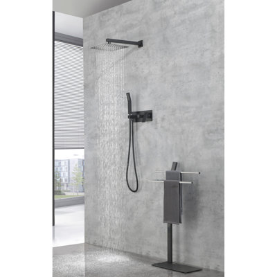Brass Matte Black Bathroom Shower - 10" Rainfall Head And Handheld, Luxury Rain Mixer 10 Inch With Handheld , Mixer, Fixture