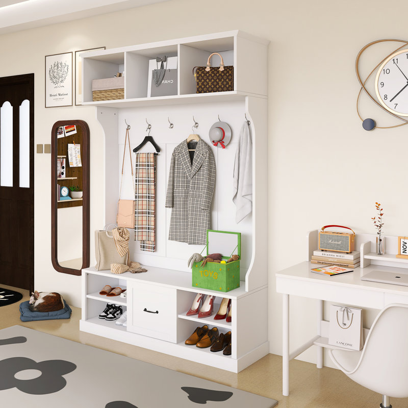 57.00 Inch Hall Tree With 6 Hooks,Entryway Bench And Drawer, White