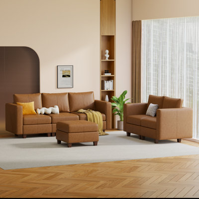  Modular Sectional Sofa With Storage Ottoman, Modern Upholstered Comfy Sofa Sectional Couches For Living Room,Bedroom,Loveseat Sofa With 3 Seater Couch And 1 Ottoman, Faux Leather In Brown