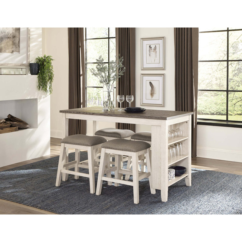 Table multifonctionnelle à hauteur de comptoir 5 pièces avec 4 tabourets garniture cloutée en tissu