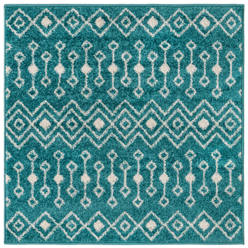Tapis bleu / blanc en chenille / polyester tissé à la machine Briehn, Carré 3 pi 3 po