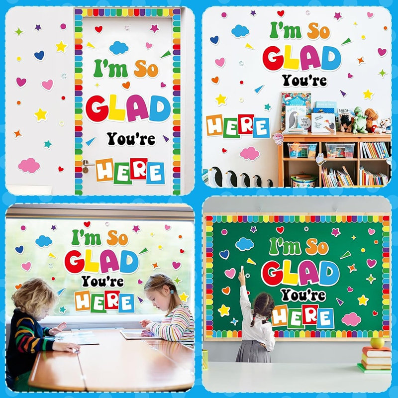 Décorations pour babillard en classe - Ensemble de bienvenue coloré avec des découpes «I'm’s Glad Glad You Are Here»