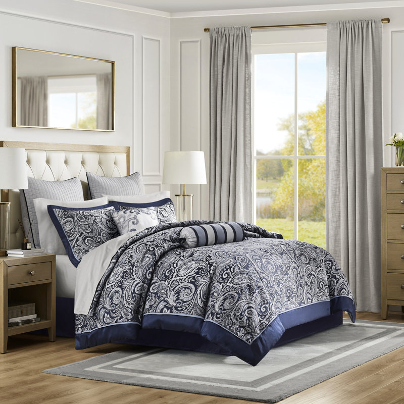 Ensemble de couette 12 pièces King bleu marine, draps doux 100 % coton, couette élégante à motif cachemire, 2 taies d'oreiller carrées, coussins décoratifs, cache-sommier inclus. Magnifique motif.