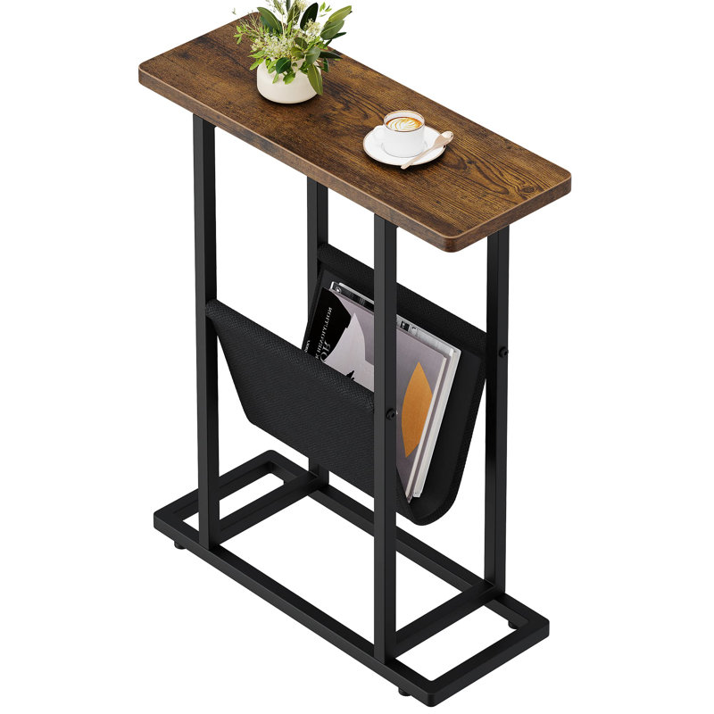 Side Table For Small Spaces, Slim Bedside Table With Storage Holder, Brown