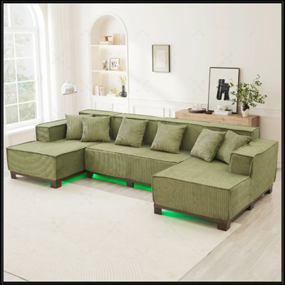 Modern U-Shaped Sectional Sofa With RGB LED Light Strip And 6 Pillows For Spacious Living Room Comfort