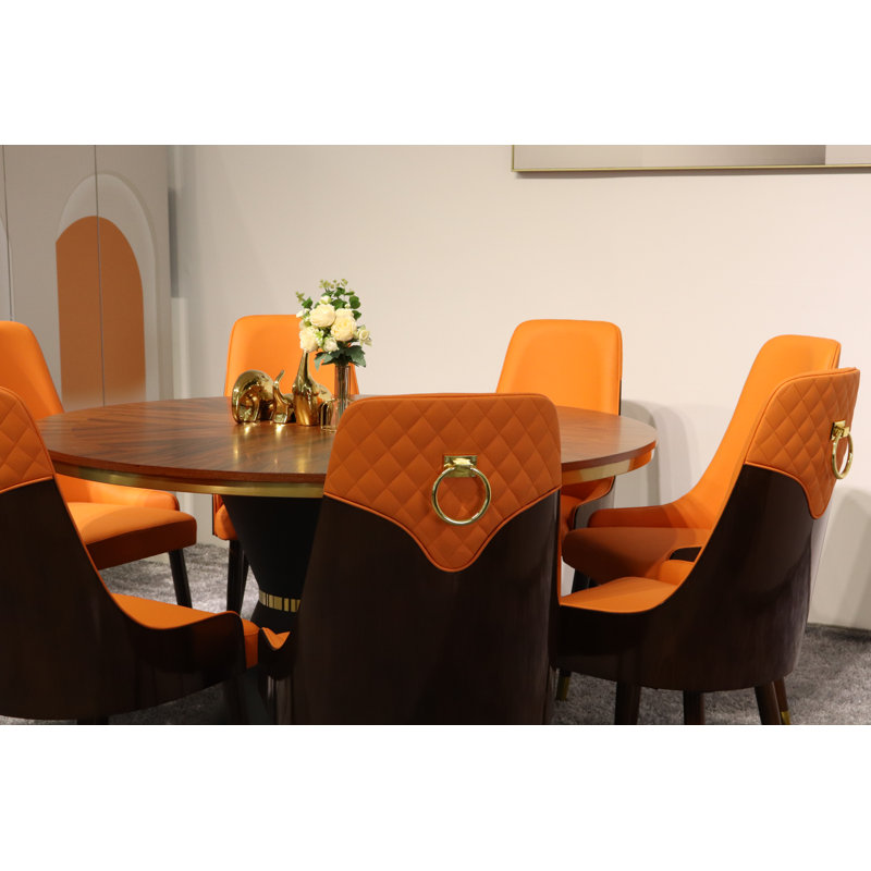 Vogue Lux Orange 61" Round Dining Set, Orange, 7 Pieces: Table, 6 Chairs, 31" H x 51" W x 51" D