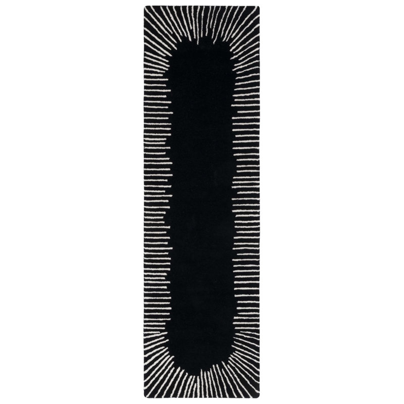 Tapis noir / ivoire en laine / coton touffeté à la main Jarie, Tapis de couloir 2 pi 3 po x 11 pi