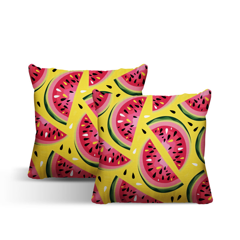 Oreiller carré intérieur / extérieur Yumelon Watermelon, L 15 po x H 15 po, Jaune / rouge
