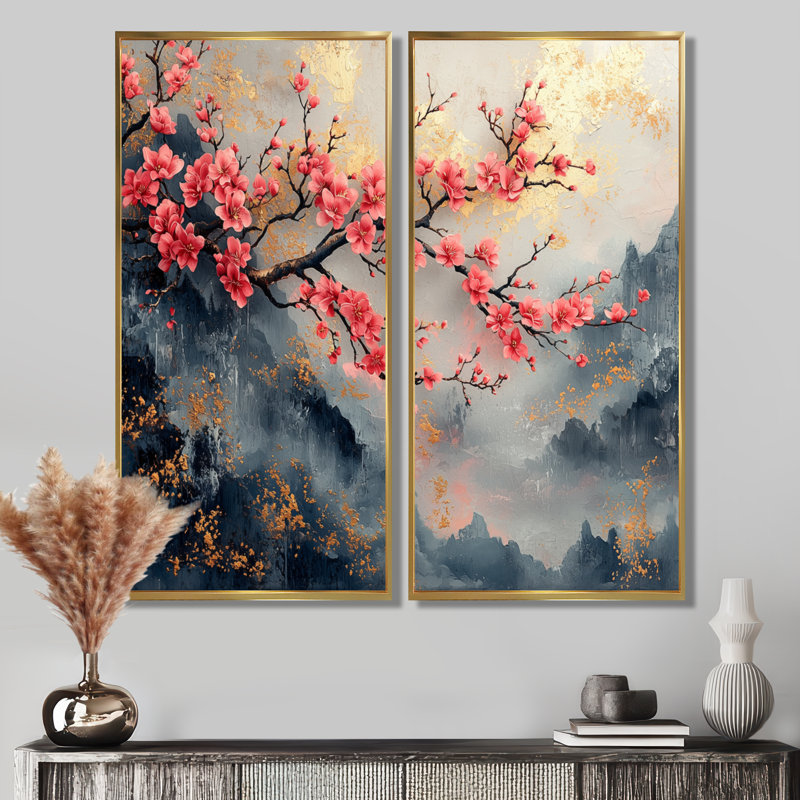 Arbre de fleurs de cerisier rose bleu en Chine, H 20 po x l 24 po, Cadre flottant, Doré