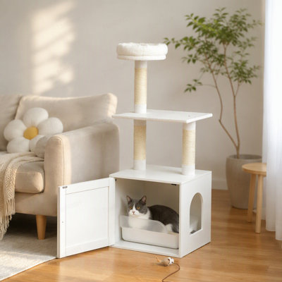 White  Cat Tree with Litter Box Enclosure