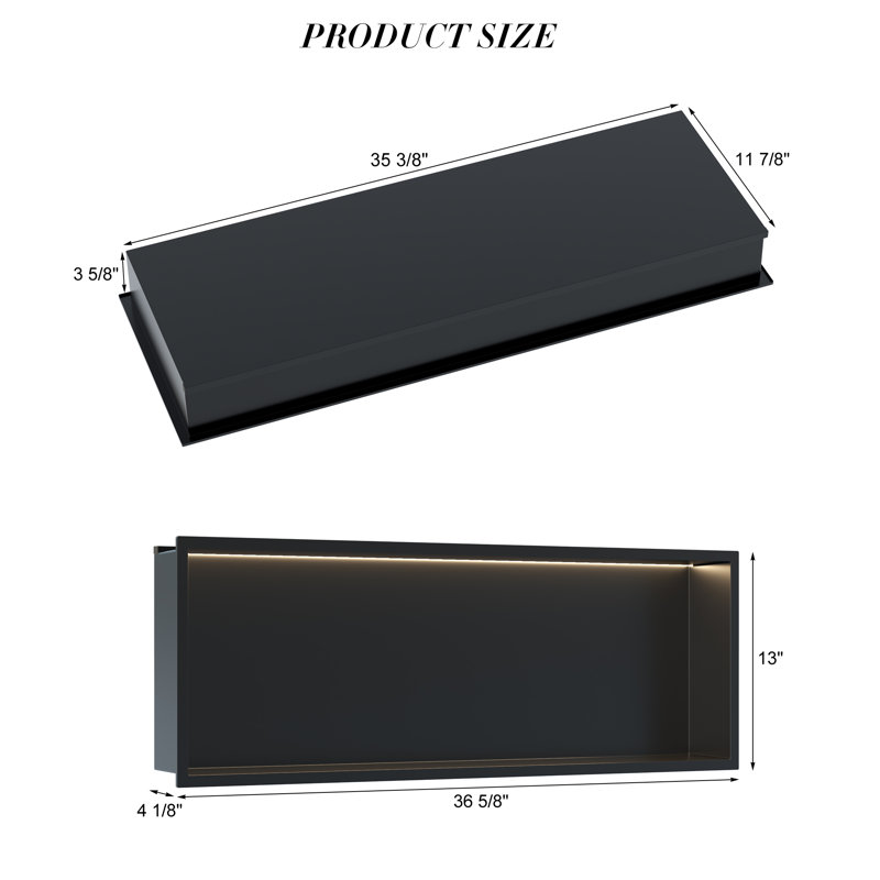 Tablette de niche murale en acier inoxydable 13 po x 36,6 po avec lumière DEL COB, Acier Inoxydable