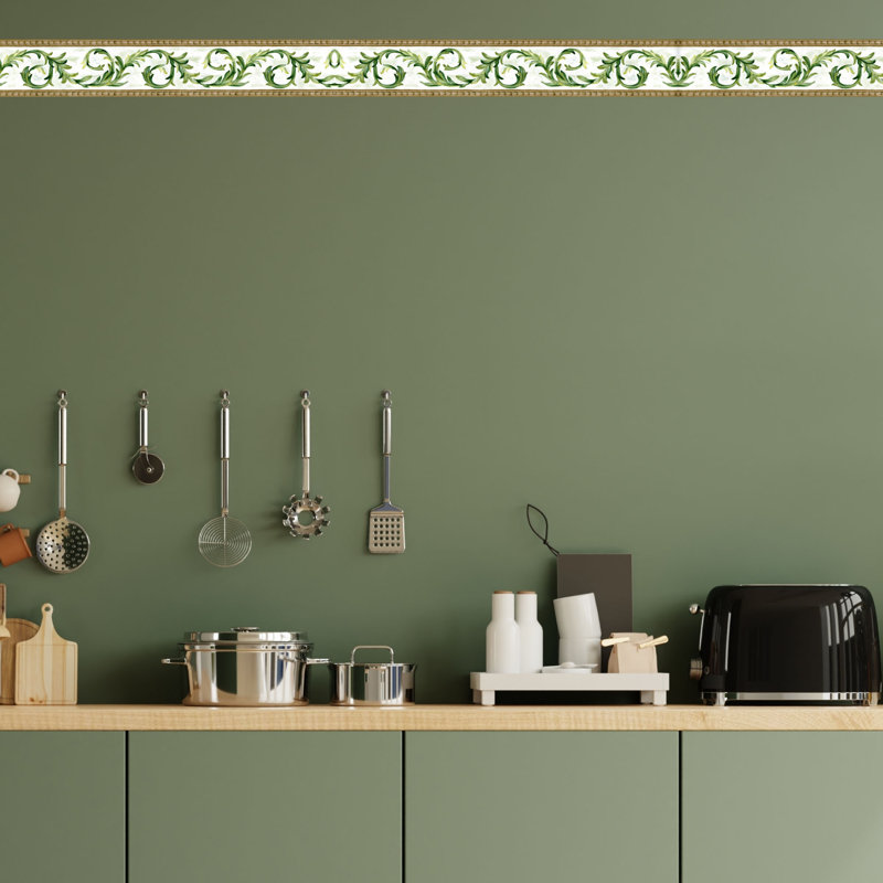 Laurel Leaf Scroll Wallpaper Border - Green, Brown, White - 15' L x 5" W