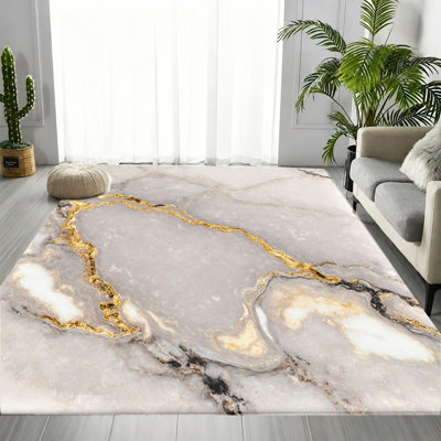 Luxury Gold Vein Marble Abstract Area Rug, Elegant Stone Fluid Art Pattern, Soft Durable, Machine Washable Non-Slip Floor Carpet, Stylish Chic Indoor Home Decor for Living Room, Bedroom, Office, Apartment