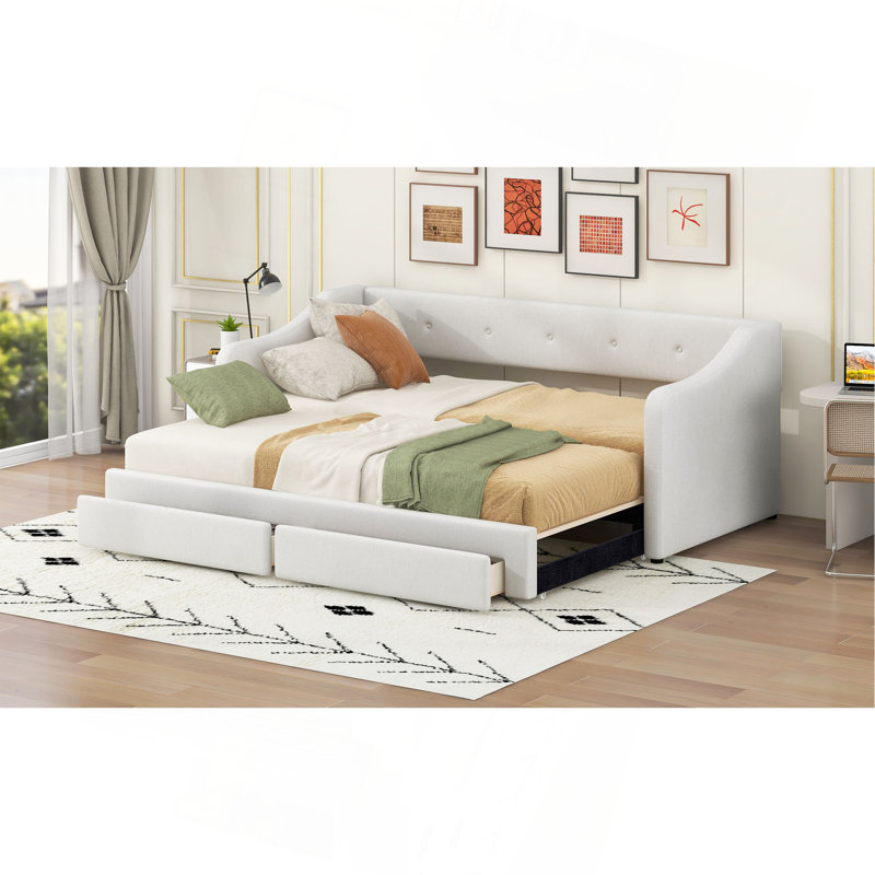 Lit de jour simple rembourré très grand avec deux tiroirs, beige
