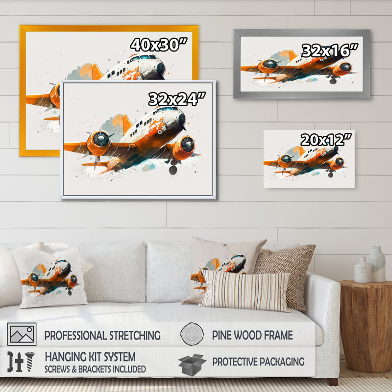 Avion dans les airs - train de transport, reproduction d'art sur toile, Cadre photo noir, L 20 po x H 12 po