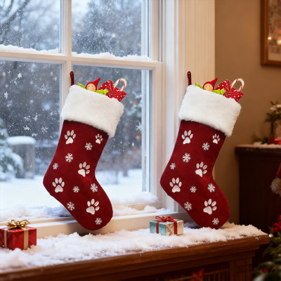 Grand bas de Noël 8,7 x 17,8 pouces à motif de flocons de neige empreintes de pattes pour chien