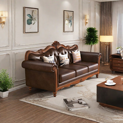 European-style Living Room Carved Sofa. 85.4'' Genuine Leather Rolled Arm Sofa -  Romero, HJF76VXMU8E