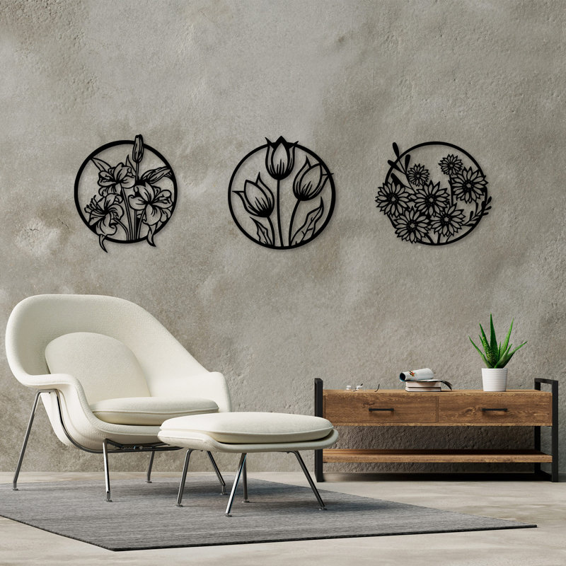 Élégant accessoire mural décoratif en métal (3 pièces), noir | Fabrication 100% métal, épaisseur: 0,06 po | Parfait pour la décoration intérieure, le salon et le bureau, le design durable et accrocheur