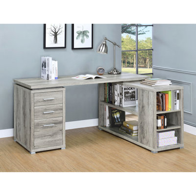 Bureau d'ordinateur gris en bois de grève en L 3 pour bureau avec ambiance côtière et compartiments de rangement spacieux, charme rustique, cinq tablettes amplement