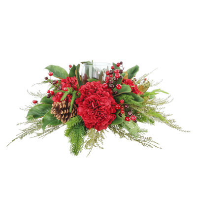 Holiday Candle Holder with Evergreen and Hydrangeas