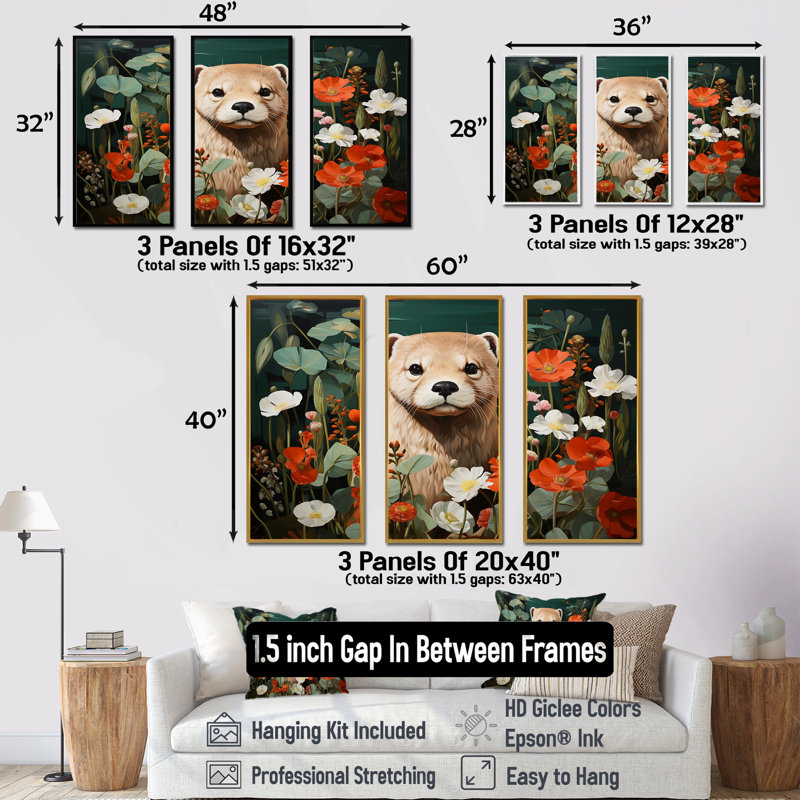Curieuse loutre dans une prairie fleurie - loutre, art mural, Cadre flottant noir, H 28 po x l 36 po
