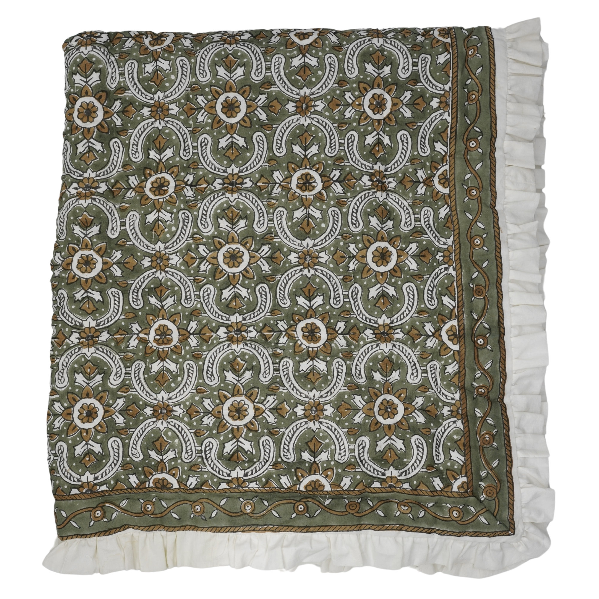 Fabdivine Luxury Block Print Cotton Quilt Floral Boho Bedding for Bedroom & Sofa, Twin, White/Green