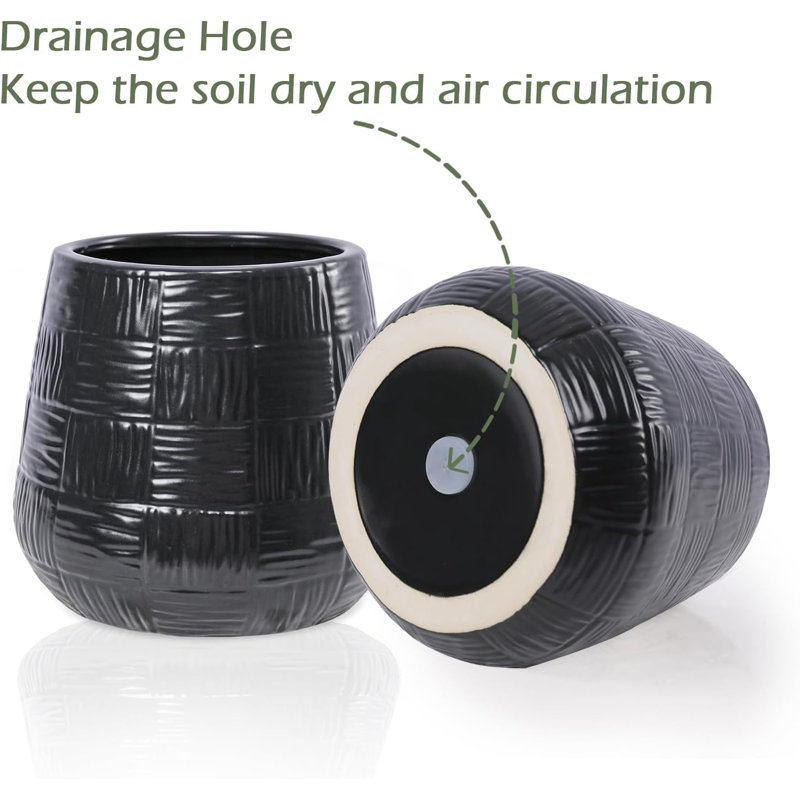 Set Of 2 Black Ceramic Flower Pots (4.7") With Drainage