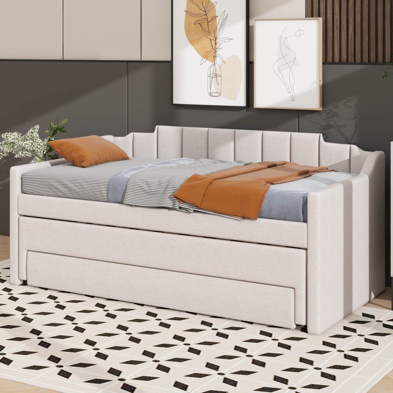 Twin Padded Daybed With Trundle & Three Roomy Drawers, Beige