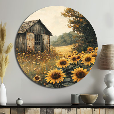 Country Side Sunflowers By The Chicken Coop II - Traditional Yellow Metal Art Print