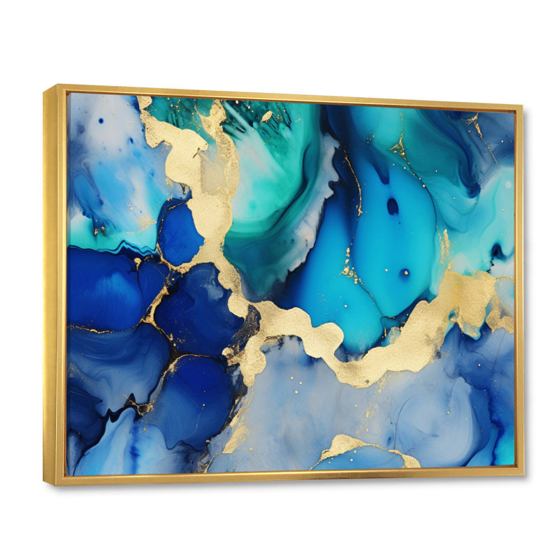 «Blue and Gold Luxury Abstract Fluid Art VII», reproduction d'art sur toile, H 34 po x l 44 po x P 1,5 po