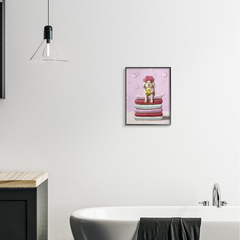 Joli bébé lapin sur les serviettes de bain, bulles de savon par Lucia Heffernan - impression, H 14 po x l 11 po